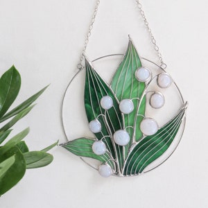Lily of the valley Flower Suncatcher Plant. Stained glass Home Decor Garden Window Wall Hangings. Green white decorations. Holliday gift
