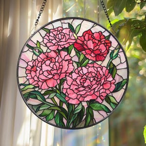Pink Carnation Stained Glass Suncatcher, Round Floral Window Hanging, Mother’s Day Gift, Elegant Garden Panel for Flower Lovers