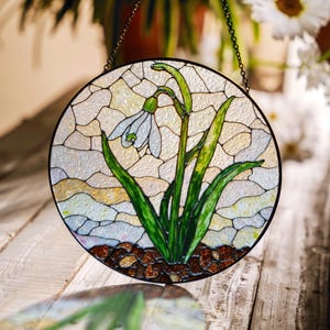 Snowdrop Flower Stained Glass Round Suncatcher Handmade Window Decor Gift for Garden Lover