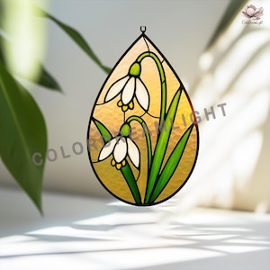 Snowdrop Flower Stained Glass Pattern PDF | Spring Floral Suncatcher SVG | Teardrop Window Hanging Template for DIY Gift. No.04-87PA