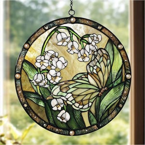 Lily of the Valley with Butterflies Stained Glass Suncatcher, Spring Floral Gift For Garden And Home Decor