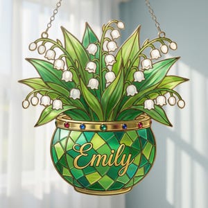 Personalized Lily of the Valley Suncatcher Faux Stained Glass Acrylic Window Decor